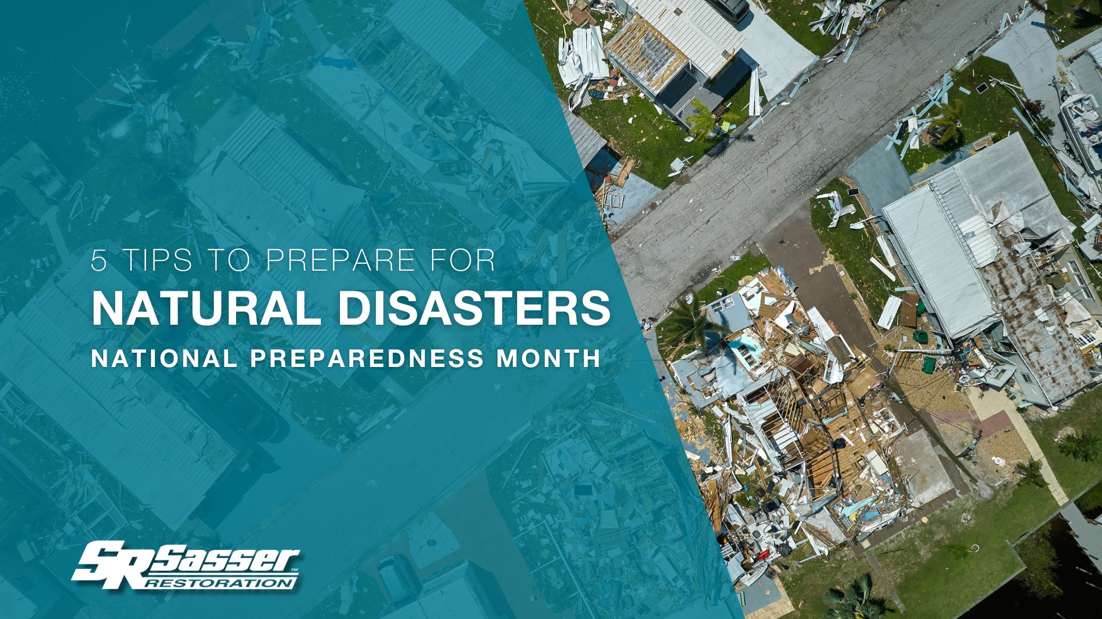 Blog cover photo with an aerial view of a town that has been devestated by a natural disaster