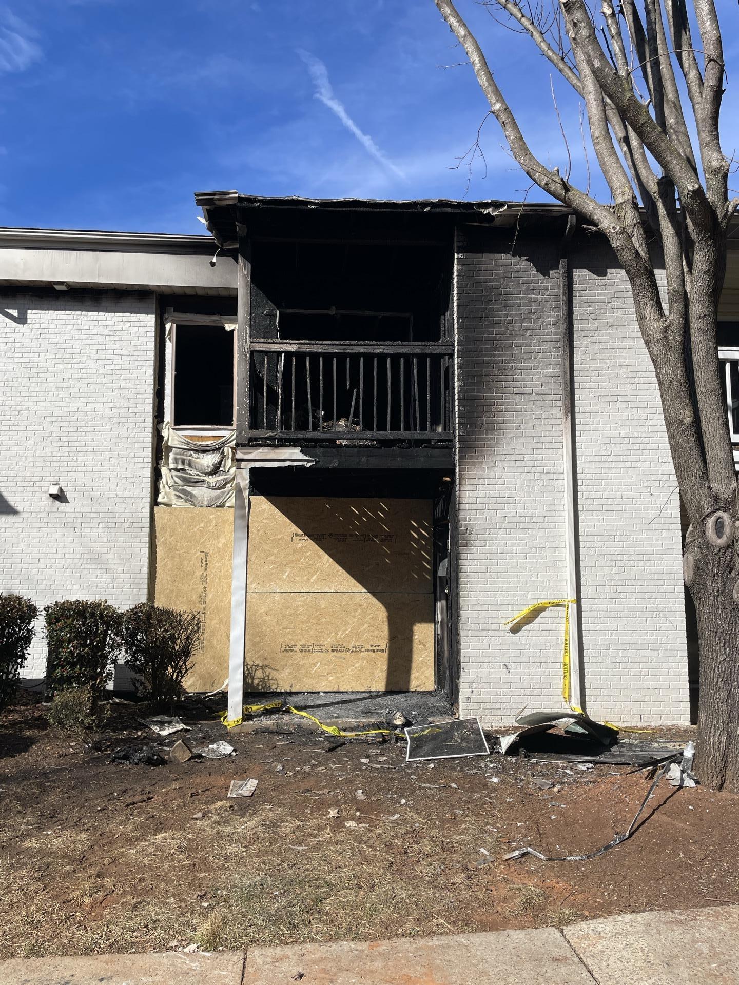 Building showing exterior fire damage