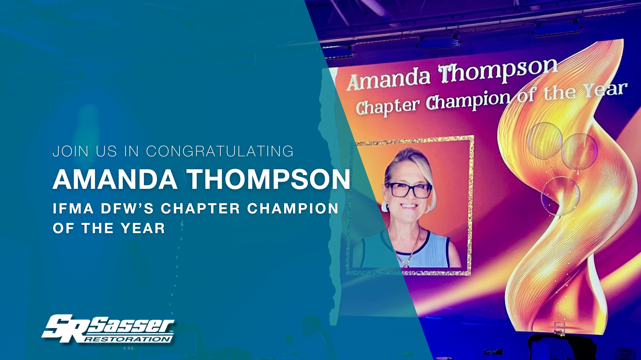 Photo of Amanda Thompson being announced as the IFMA DFW Chapter Champion of the Year